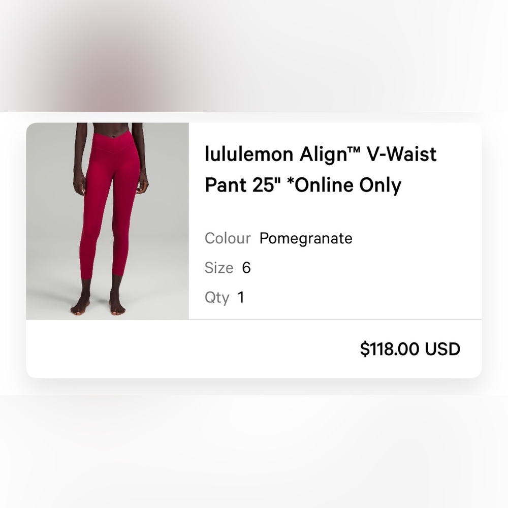 Lululemon Align V-Waist Pant 25” Pomegranate Size 6